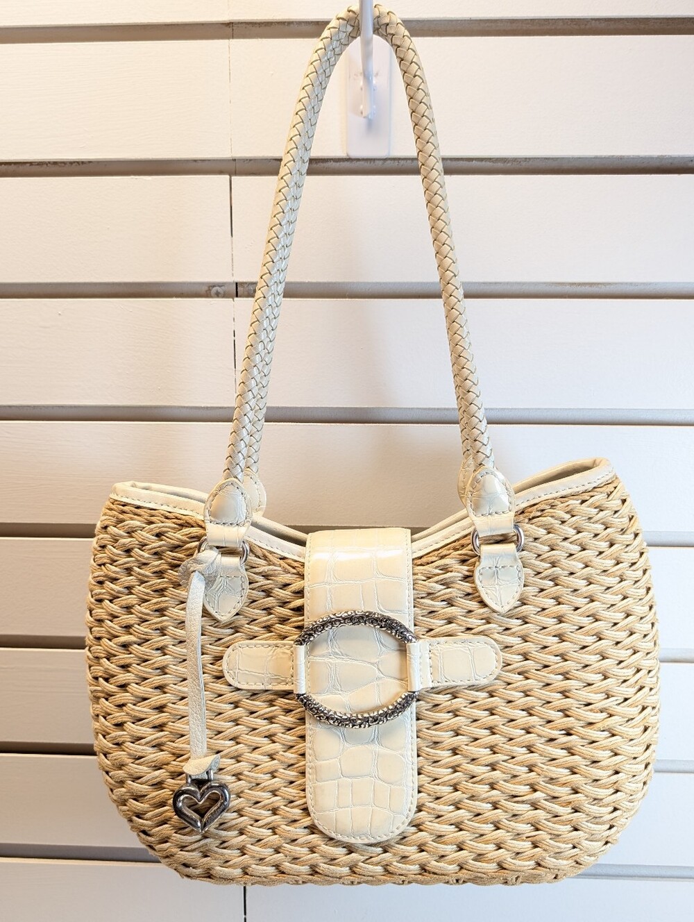 Brighton Woven Straw Tote Bag with Silver and Ivory Leather Accents EUC